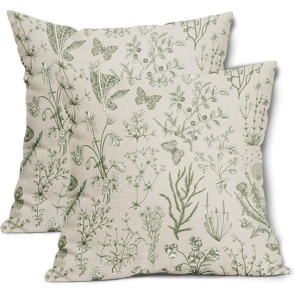 Spring Sage Green Floral Pillow Covers 20x20 Inch Vintage Wild Flower Herbs Plant Butterfly Decorative Pillow Cases Botanical Farmhouse Cushion Covers Home Decor For Sofa Couch Outdoor Set of 2