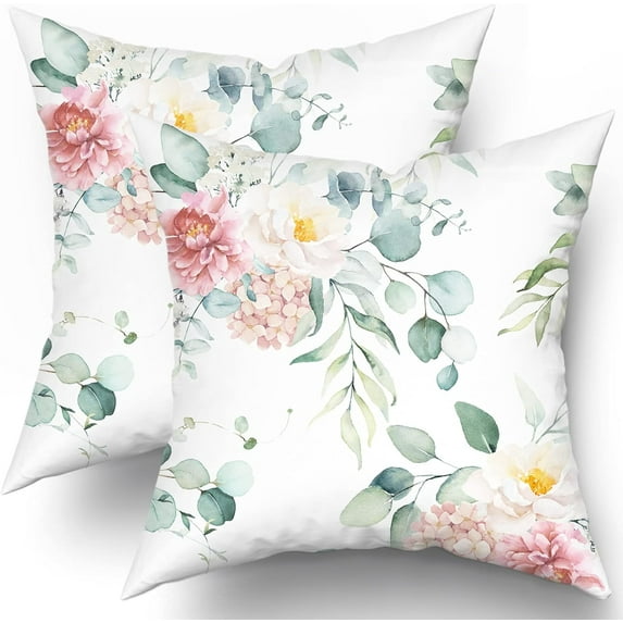 Spring Sage Green Leaf Pillow Covers 18x18 Set of 2, Eucalyptus Floral Watercolor Pillow Cases, Gray Seafoam Leaves Flowers Modern Throw Pillows Cover Decor Gifts for Bed Couch Sofa Living Room