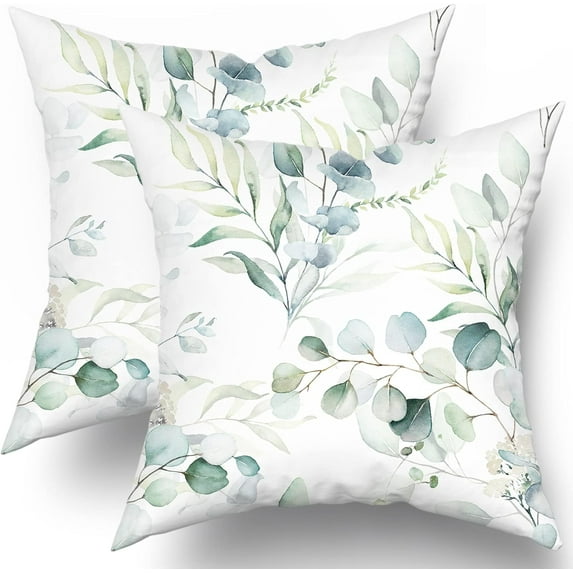 Spring Sage Green Leaf Pillow Covers 18x18 Set of 2, Eucalyptus Floral Watercolor Pillow Cushion Cases, Gray Seafoam Leaves Print Modern Throw Pillows Cover Decor Gifts for Bed Couch Sofa Living Room