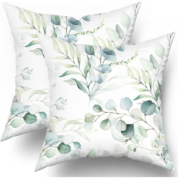 Spring Sage Green Leaf Pillow Covers 18x18 Set of 2, Eucalyptus Floral Watercolor Pillow Cushion Cases, Gray Seafoam Leaves Print Modern Throw Pillows Cover Decor Gifts for Bed Couch Sofa Living Room