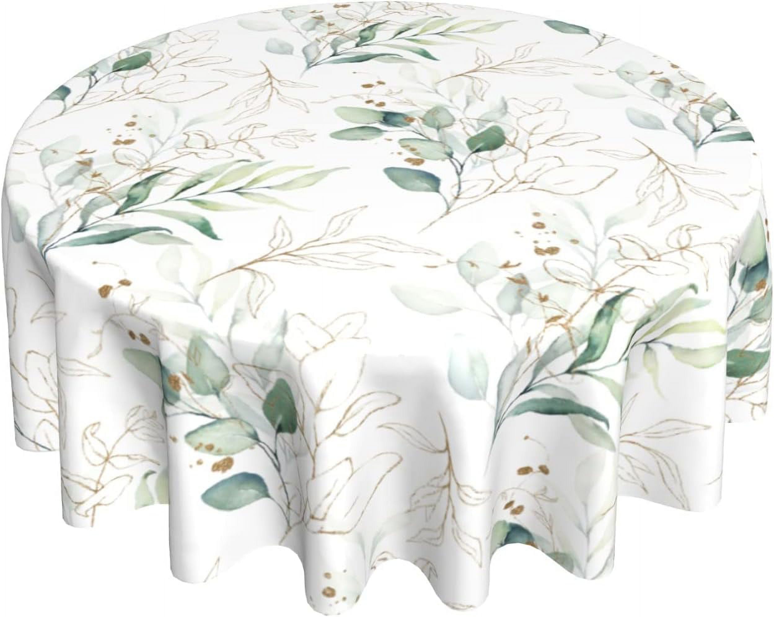 Spring Sage Green Leaf Tablecloth Round 60 Inch Watercolor Eucalyptus