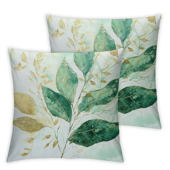 Spring Sage Green Leaves Pillow Covers Set of 2,Watercolor Eucalyptus Floral Throw Pillows Case,Golden Print Decorative Square Cushion Covers Outdoor Leaf Decor for Home Sofa Bed