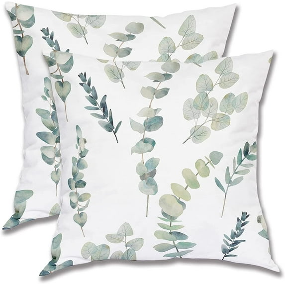 Spring Sage Green Pillow Covers 16x16 Inch Pack of 2,Watercolor Eucalyptus Branches Blue Green Square Cushion Pillowscase for Bedroom Home Sofa Decoration Seafoam Leaf Print Throw Pillow