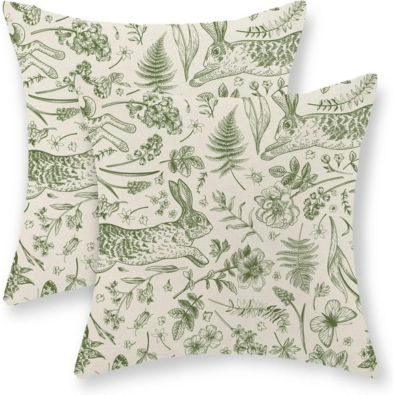 Spring Sage Green Pillow Covers 18x18 Set of 2 Easter Decorative Throw Pillows Easter Rabbit Bunny Floral Botanical Plants Decor Pillow Cases Outdoor Farmhouse Cushion Case for Couch Home