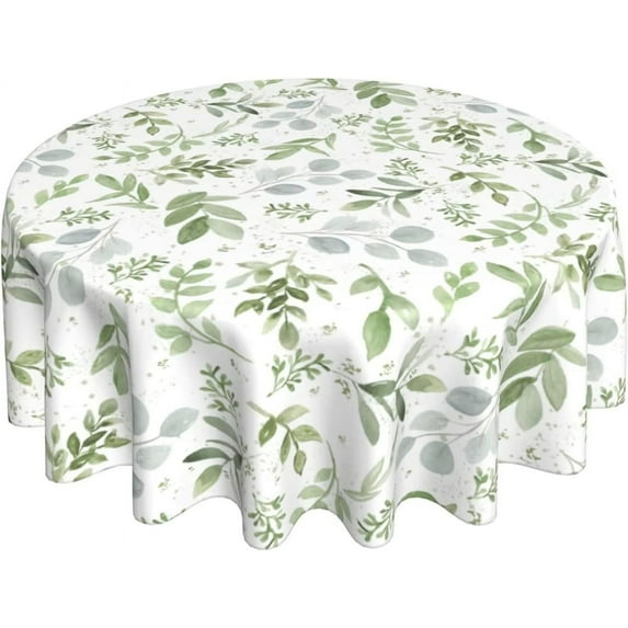 Spring Sage Green Tablecloth Round 60 Inch Watercolor Eucalyptus Floral Table Cover Water Resistant Washable Polyester Circle Table Cloth for Kitchen Dining Indoor Outdoor Table Decor