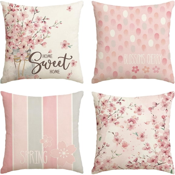 Spring Sakura Vase Pink Throw Pillow Covers, 18 x 18 Inch Home Sweet Home Stripes Cushion Case Decorations for Sofa Couch Set of 4
