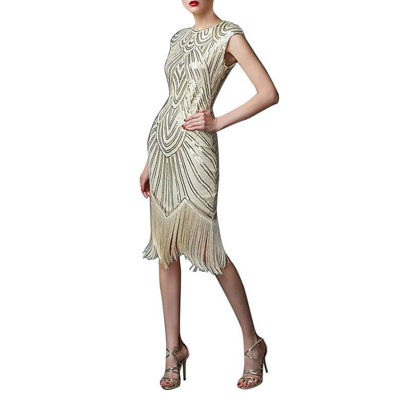 Spring Sale 2024 Hontri Dresses for Women 2024 Women Fashion 1920S Sexy Vintage Casual Gothic Dress Plus Size Sequin Tassel 20S Girl Costume Party Dress Womens Dresses Beige L Walmart