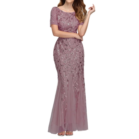 Spring Sale 2024!Hontri Formal Dresses for Women Womens Double V Neck Short Sleeve Dress Evening Prom Dress Wedding Guest Dresses for Women Pink,M