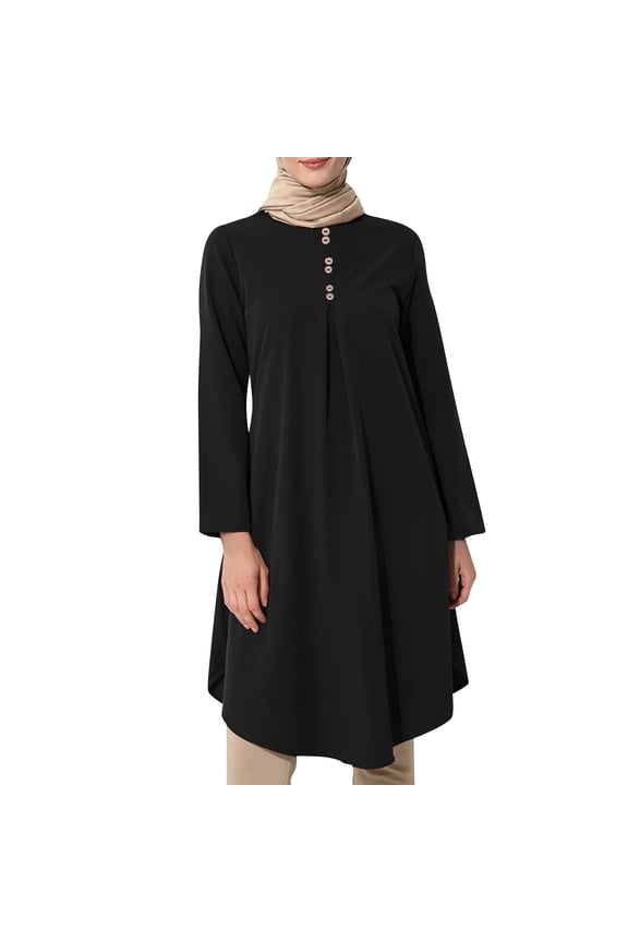 Spring Sale 2024!Hontri Muslim Dresses for Women Women Muslim Solid Color Button Stitching Fashion Casual Dress Long Sleeve Prayer Clothes Maxi Dresses for Women 2024 Black,L
