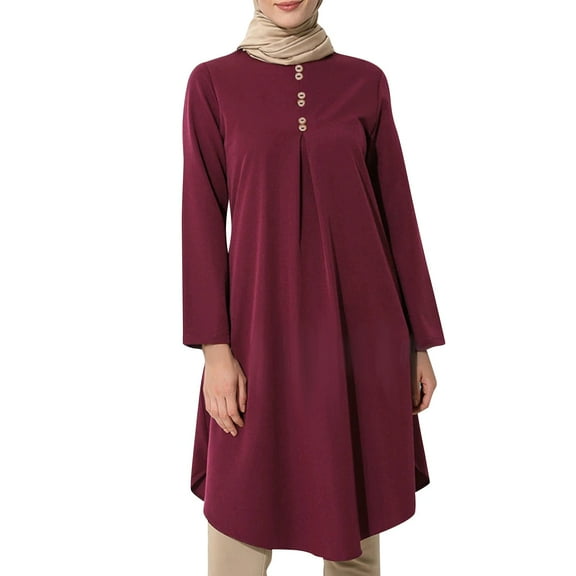Spring Sale 2024！Hontri Muslim Dresses for Women Women Muslim Solid Color Button Stitching Fashion Casual Dress Long Sleeve Prayer Clothes Maxi Dresses for Women 2024 Red,Xl