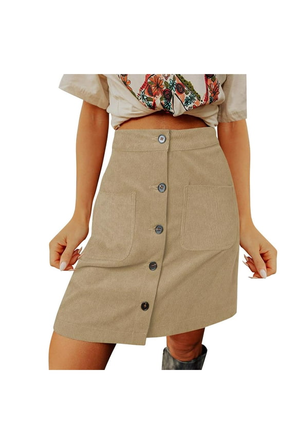 Spring Sale 2024！Hontri Skirts for Women Womens Corduroy Skirts Fall Winter High Waist Button Down A Line Short Mini Skirt with Pockets Skirts for Women Khaki,M