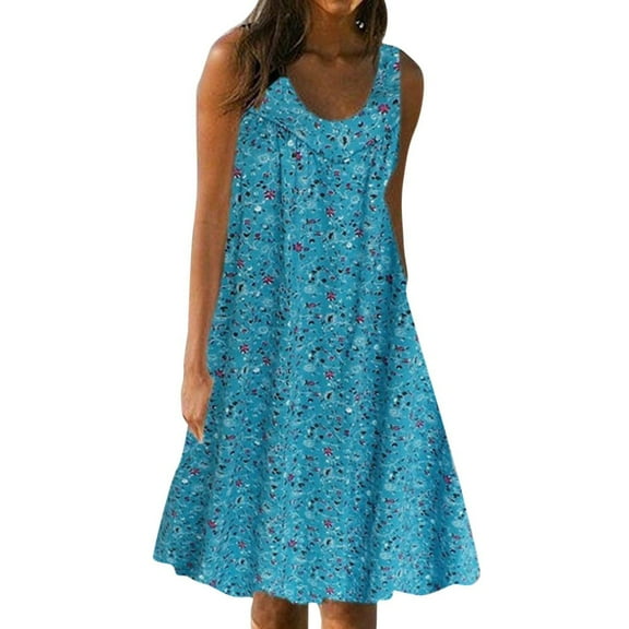 Spring Sale 2024!Hontri Women's Casual Dress Women Casual Print Sleeveless Loose Plus Size Beach Summer Dress Ladies Bodycon Dresses for Women Blue,L