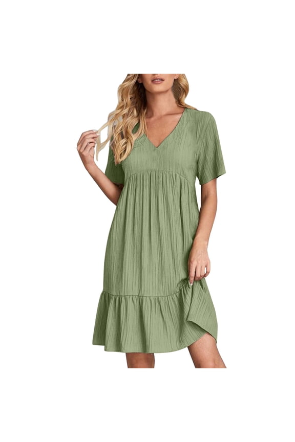 Spring Sale 2024!Hontri Womens Dresses Summer Dress Women's Linen Dresses Casual T Shirt Dress Short Sleeve V Neck Midi Dress A Line Green,Xxl