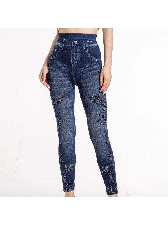 Spring Saving Clearance AXXD Blue Leggings for Women Summer Imitation Denim Printed Leggings Capris High Waisted Elastic Pencil Pants