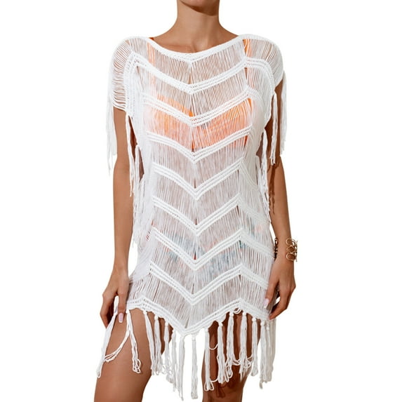 Spring Saving Clearance AXXD White Swimsuit Cover Up Women Solid Color Hollow Tassel Knit Beach Bikini Cover Up Dress Cover Up