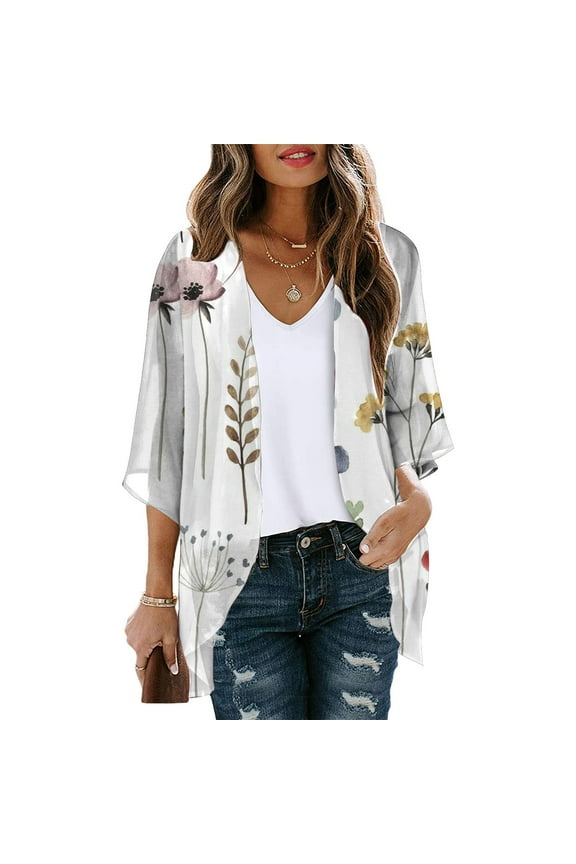 Spring Saving Clearance AXXD Womens Swimsuits Cover Ups Plus Size Floral Print Puff Sleeve Kimono Cardigan Loose Chiffon Cover Up Tops
