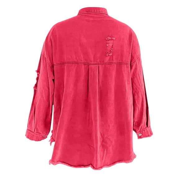 Spring Saving Deals GaThRRgYP Denim Jackets for Women,Women's Casual Washed Worn Hole Loose Denim Jacket Oversized Denim Jacket Boyfriend Long Sleeve Jacket