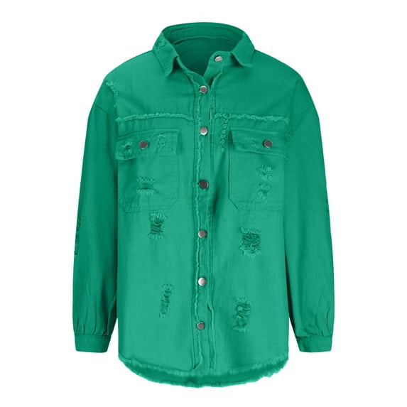 Spring Saving GaThRRgYP Denim Jackets,Women's Fashion Long-Sleeved Casual Button Loose Jacket With Burrs and Holes
