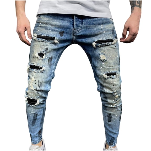 Spring Saving GaThRRgYP Denim Pants for Men,Men's New Tight-fitting Ripped Straight Hip-hop Stretch Motorcycle Trouser