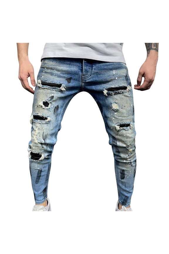 Spring Saving GaThRRgYP Denim Pants for Men,Men's New Tight-fitting Ripped Straight Hip-hop Stretch Motorcycle Trouser