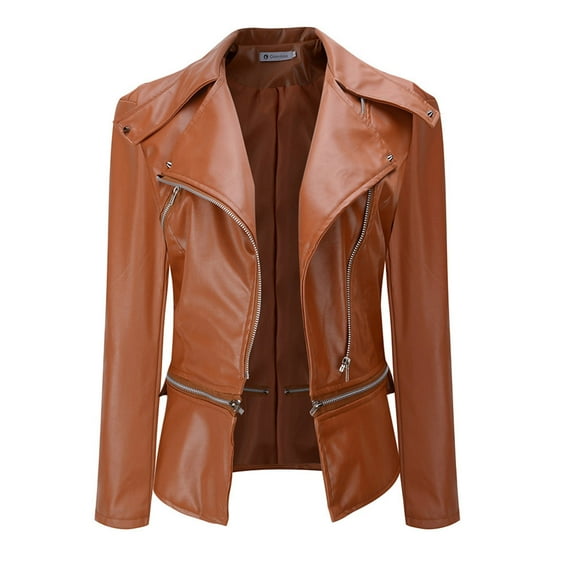 Black*Friday Clearance under $5 GaThRRgYP Spring Tops for Women 2025,Women Blouses Summer Short Sleeve Tops,Women's Slim Leather Stand Collar Zip Motorcycle Suit Belt Coat Jacket Tops