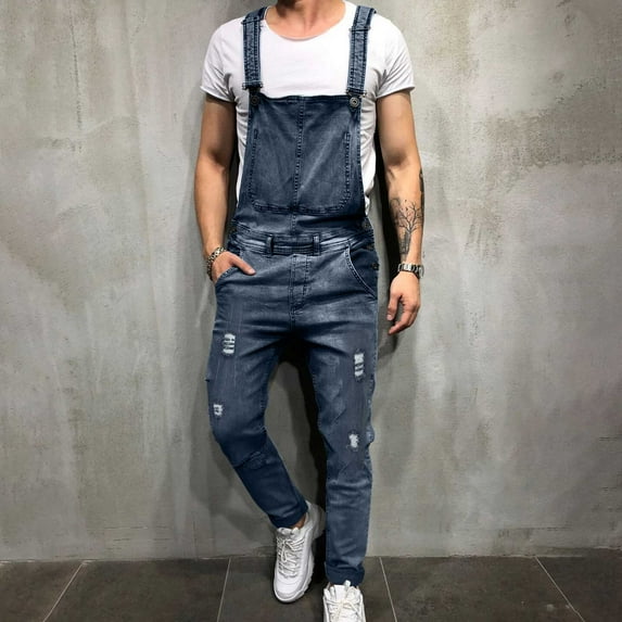 Black*Friday Discounted Items under $5 GaThRRgYP Mens Overalls,Men Casual Fashion Soid Pocket Ripped Pants Long Pants Cargo Pants Suspender Trousers