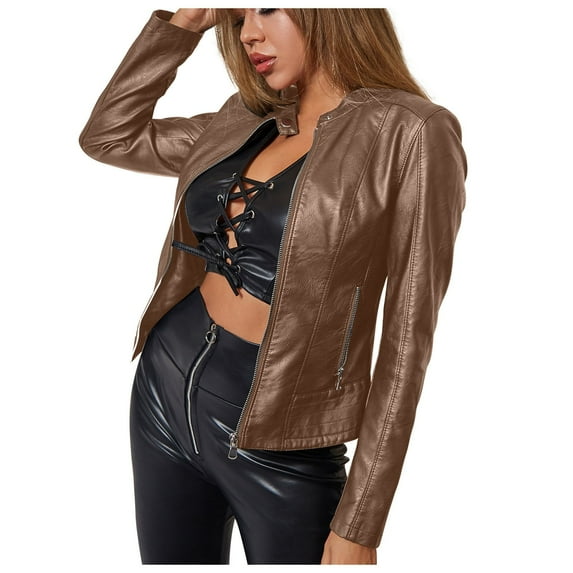 Spring Saving GaThRRgYP Winter Coats for Women Clearance,Women Casual Coat Long Sleeves Suit Style Leather Jacket Women