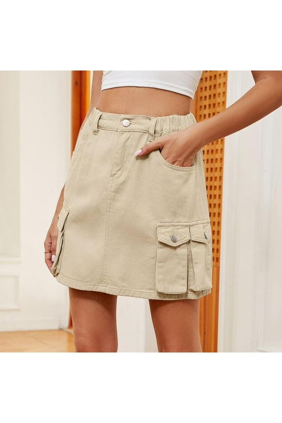Spring Saving GaThRRgYP Women Cargo Mini Skirt Low Waist,Women's Elastic Waist Workwear Pocket Denim Short Skirt Half Skirt