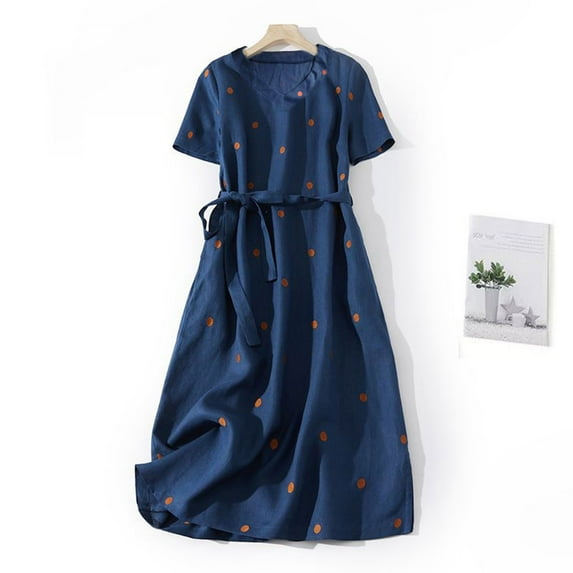 Spring Saving GaThRRgYP Women Casual Dress Summer Dress,Women's Retro Cotton and Linen Round Neck Wave Print Lace-up Waist Retraction A-line Skirt Dress