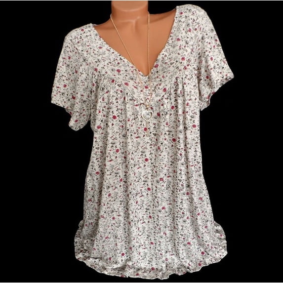 Spring Saving GaThRRgYP Women Plus Size Short Sleeves V-Neck Print Blouse Pullover Tops Shirt Clearance
