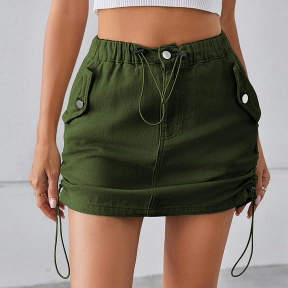 Spring Saving GaThRRgYP Women Summer Denim Mini Skirts,Women's Denim Workwear Pocket Skirt Casual Drawstring Elastic Waist Short Skirt