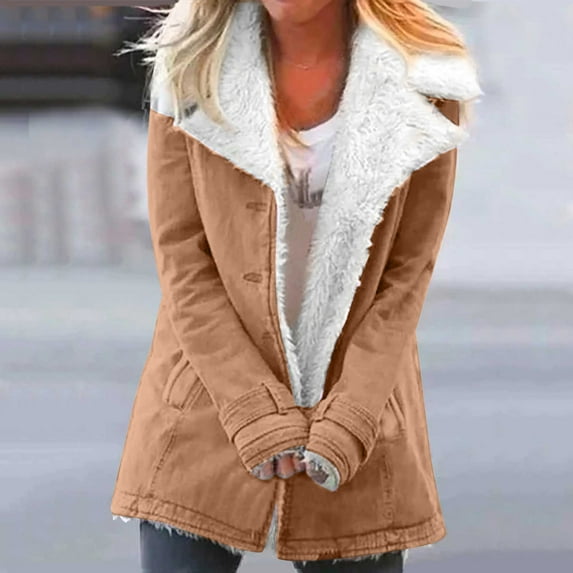 Spring Saving GaThRRgYP Womens Coats,Fleece Coats,Women Winter Warm Composite Plush Button Lapels Jacket Outwear Coat Clearance