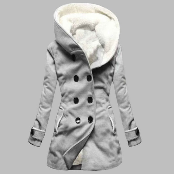 Spring Saving GaThRRgYP Womens Outerwear Clearance under $10,Velvet Double Breasted Hooded Solid Color Mid Length Women's Solid Color Temperament Commuting Jacket