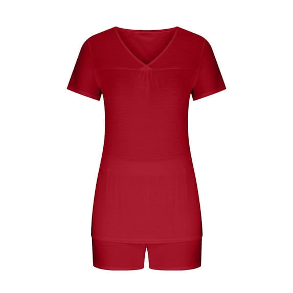LEBONYARD Women's Running Shorts High Waisted,Women's Shorts with a Flattering and Unique Fit,,2PC Women's V Neck Shorts Sleeve Two-piece Comfortable Home Pajamas Set Sports Set