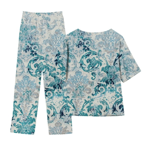 Spring Saving GaThRRgYP Womens Sets 2 Piece Outfits Summer,Women's Summer Printed Short Sleeve Half Sleeve Round Neck Cropped Top + Casual Pants Suit Set Two Piece Lounge Set