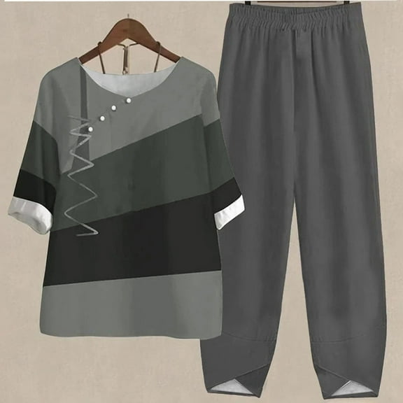 GaThRRgYP Womens Sets 2 Piece Outfits Summer,Women's Summer Printed Short Sleeve Half Sleeve Round Neck Cropped Top + Casual Pants Suit Set Two Piece Lounge Set