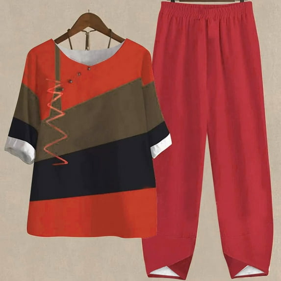 GaThRRgYP Womens Sets 2 Piece Outfits Summer,Women's Summer Printed Short Sleeve Half Sleeve Round Neck Cropped Top + Casual Pants Suit Set Two Piece Lounge Set