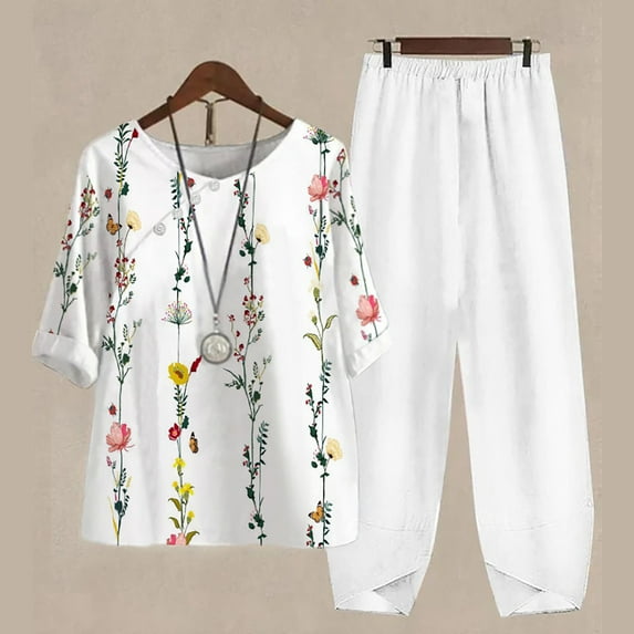 Spring Saving GaThRRgYP Womens Short Sets 2 Piece on Clearance,Women's Casual Round Neck 3/4 Sleeve Top and Pants Digital Printing Two-piece Set