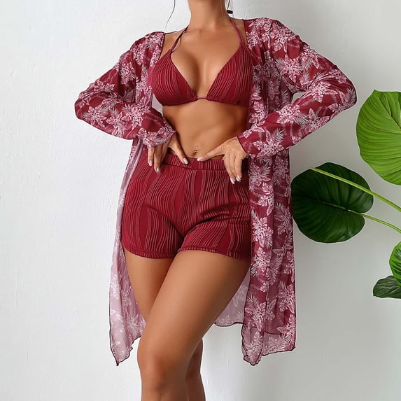 Spring Saving GaThRRgYP Womens Swimsuits Bikini,Women's Printed Bikini Straps Deep V Split Three Piece Swimsuit Set