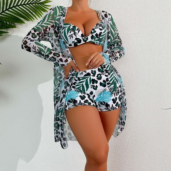 Spring Saving GaThRRgYP Womens Swimsuits Bikini,Women's Printed Bikini Straps Deep V Split Three Piece Swimsuit Set
