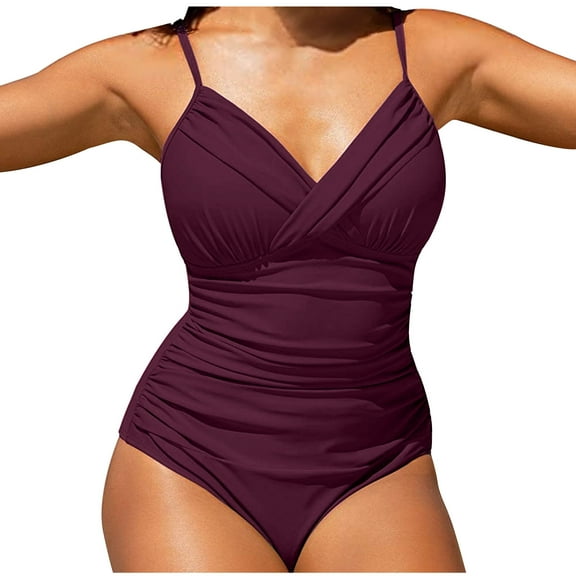 Spring Saving GaThRRgYP Womens Swimsuits on sales,Women Solid with Chest Pad without Underwire Bikini Deep V One-piece Swimsuit