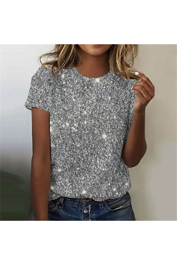 Going Out Tops for Women,Womens Tops Trendy,Women's Casual Sparkling Crystal Printed Round Neck Short Sleeved Top