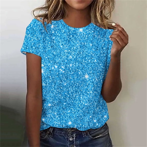 GaThRRgYP Tops for Women Trendy,Summer Tops for Women,Women's Casual Sparkling Crystal Printed Round Neck Short Sleeved Top