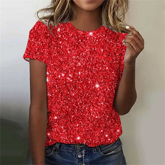 GaThRRgYP Workout Tops for Women,Womens Summer Short Sleeve Tunic Tops,Women's Casual Sparkling Crystal Printed Round Neck Short Sleeved Top