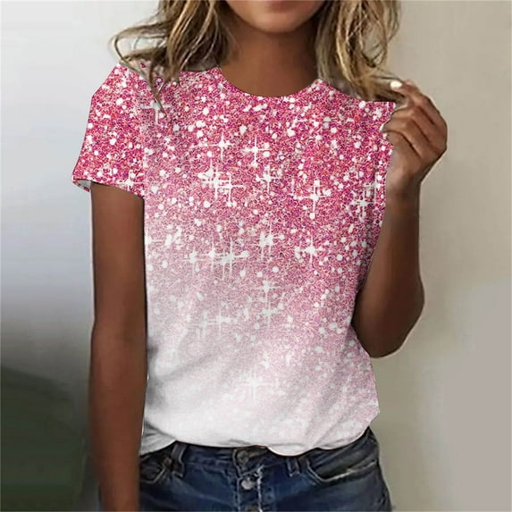 Spring Saving GaThRRgYP Womens Tops Short Sleeve Solid Color,Women's Casual Sparkling Crystal Printed Round Neck Short Sleeved Top