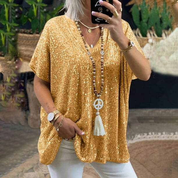 Summer Deals Plus Size Sequin Sparkle Tops for Women Glitter Tops for Womens Plus Size Women s Glitter Sparkling Crystal Tops Summer Womens Sparkly