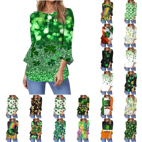 BiZtdJrK Womens 3/4 Bell Sleeve Irish Shirts St Patricks Day Lucky Shamrock Graphic Tees Casual Button Henley Neck Pullover Festival Tshirts Green XL