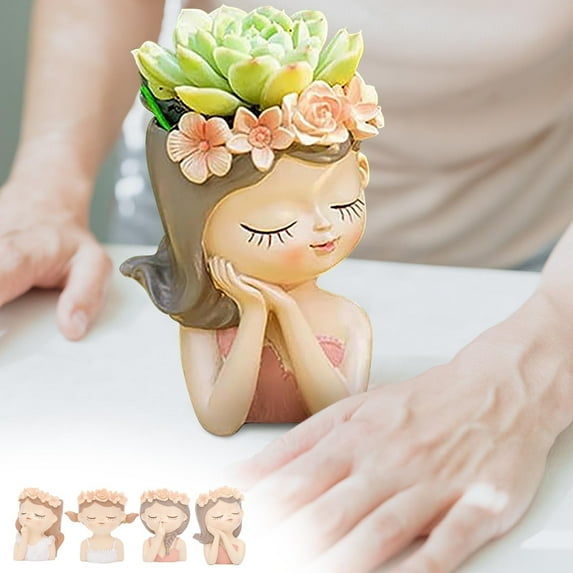 SINIMOKO Resin Succulent Plant Pot with Drainage Hole - Girl Face Planter Pot, 4.33 Inch Tall Flower Vase for Indoor and Outdoor Plants