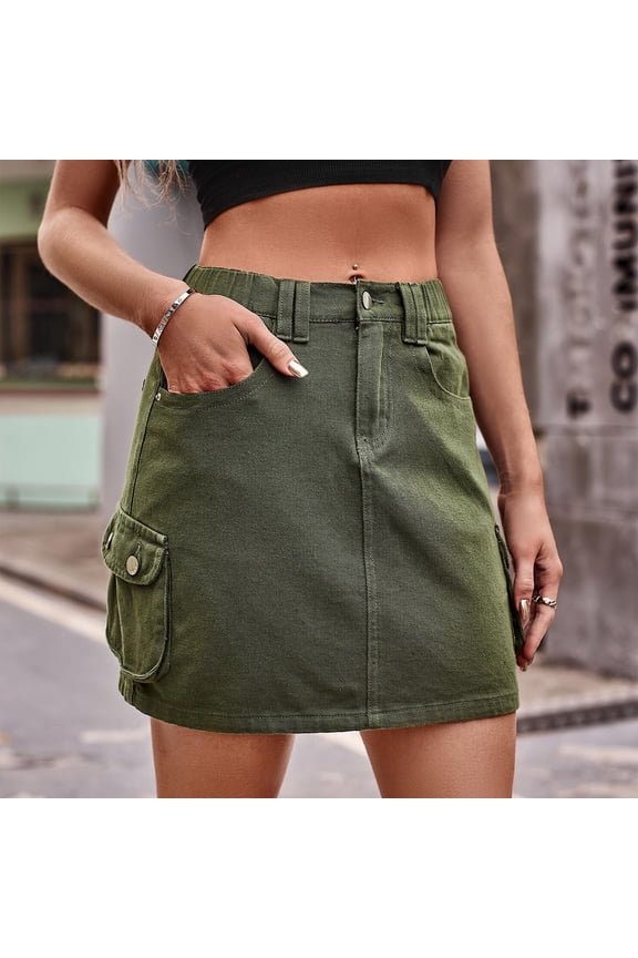 Cargo Skirt for Women,GaThRRgYP Women's Spring and Summer Denim Work Dress Pocket Skirt Casual Mid-length Skirt