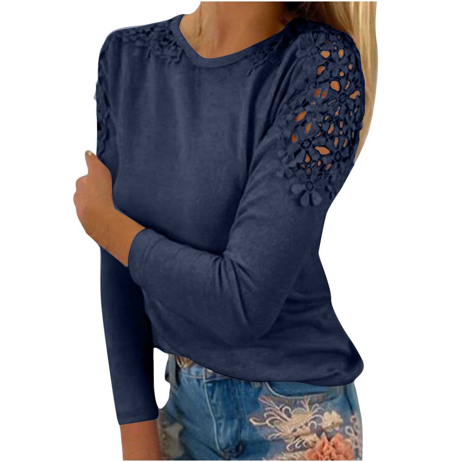 Spring Savings Clearance under 10.00 LYXSSBYX Long Sleeve Shirts for Women  Plus Size Clearance Women Casual Round-Neck Lace Hollow out Long Sleeve